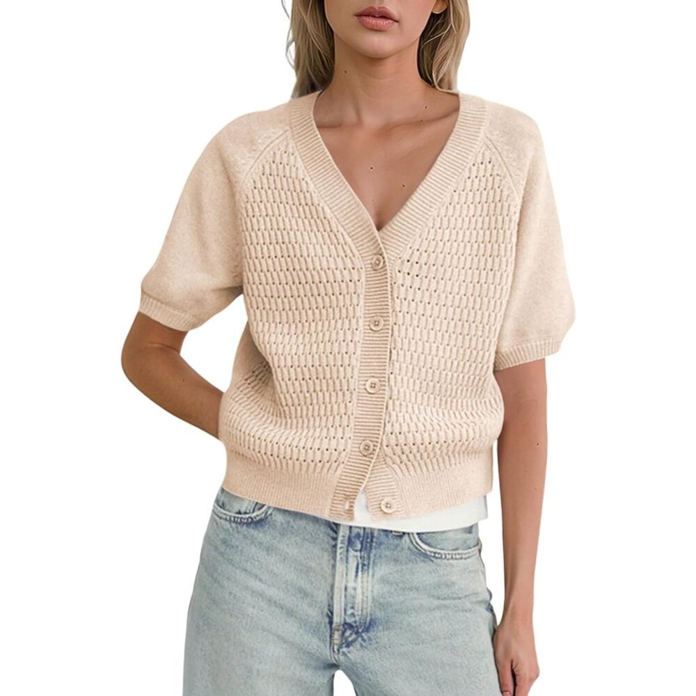 Dokotoo Womens Summer Tops 2024 Trendy V Neck Hollow Out Cropped Button Down